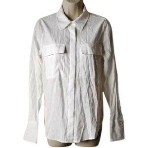 Good American Classic Button Down French Cuff Shirt 1 White Woven Rayon Blend